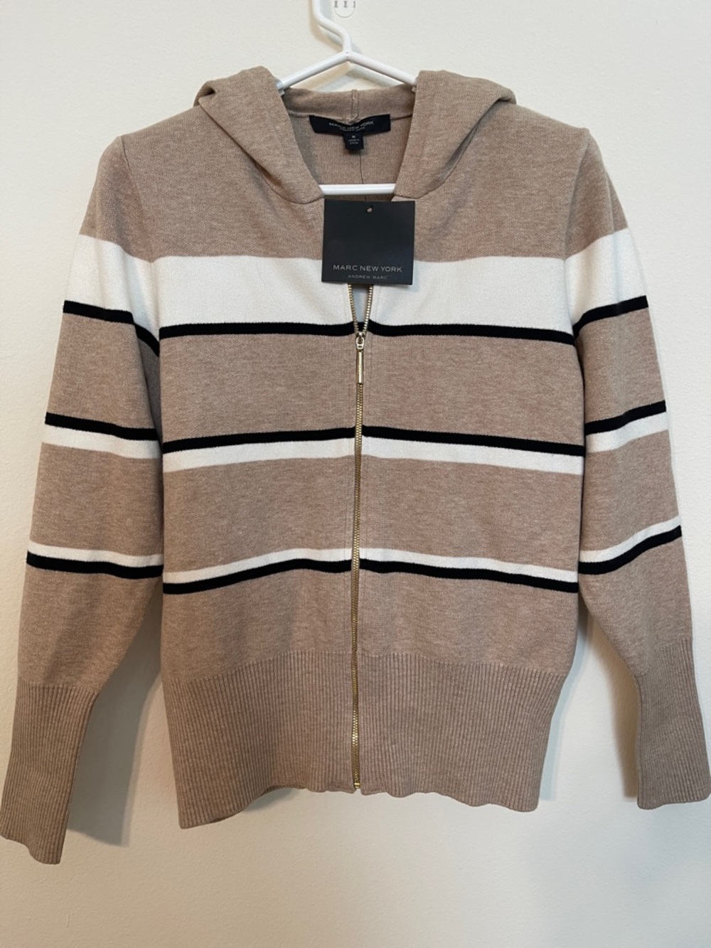 NWT Marc New York Beige, White & Black Striped Hooded Zip Front Cardigan